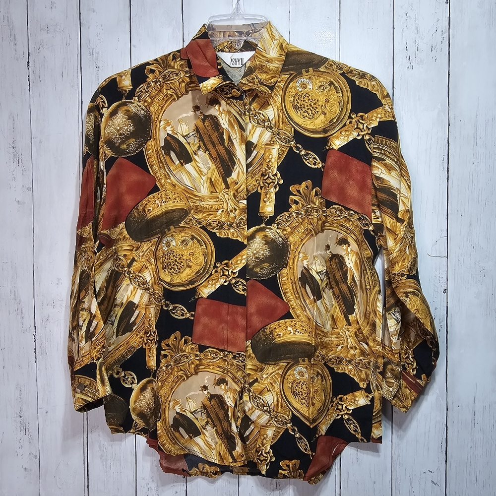 Vintage Ishyu Women's Victorian Pocket Watch Print Long Sleeve Button Up Size 8.